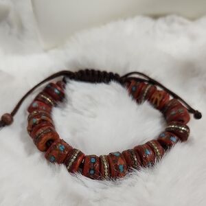 Tibetan Handcrafted Red Yak Bone Mala Adjustable Wrist Bracelet Turquoise